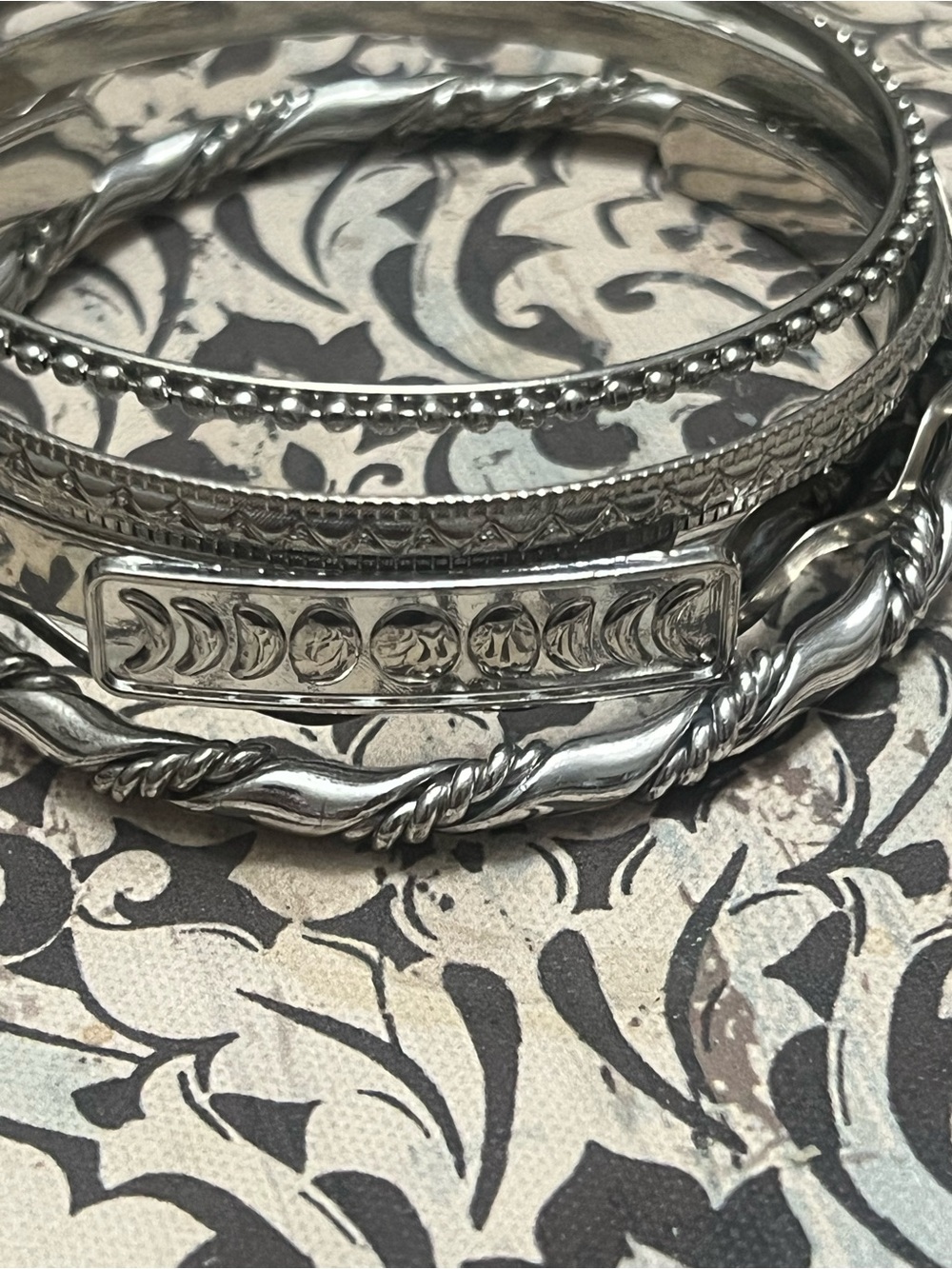 Lunar Phases Silver Tone Stacked Bangle Bracelet Set